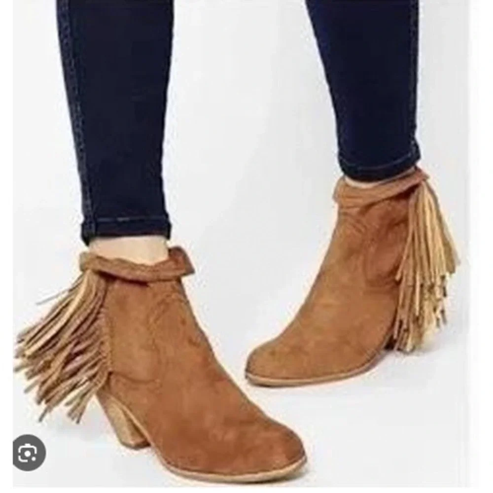 Sam‎ Edelman Tan Suede Gold Fringe Ankle Boots Western Brown Boho Womens 8